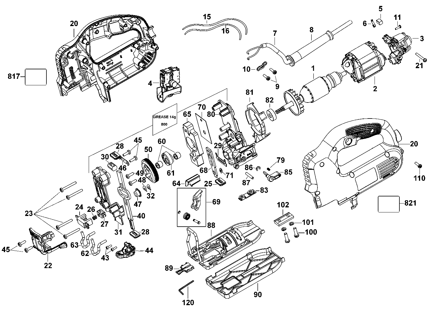 Default Diagram and Parts List for PCE341 Type 1 Porter Cable Jig Saw